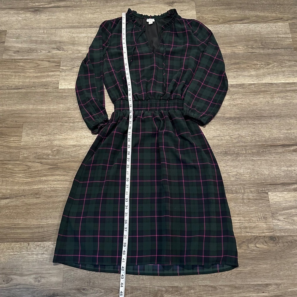 J.Crew Women Green Pink Blk Watch Plaid Smocked Waist Ruffle Midi Dress AG882 XS - Picture 11 of 12
